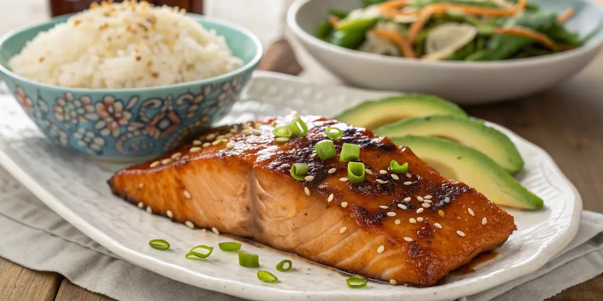 Glazed sockeye salmon fillet with sesame seeds and green onions, served with an Asian salmon rice bowl of jasmine rice and avocado.