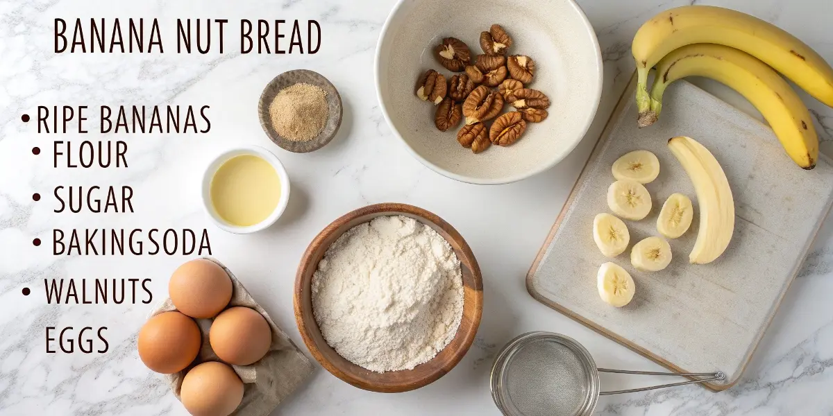 Banana Nut Bread Recipe 1 All fresh ingredients needed to make homemade banana nut bread recipe