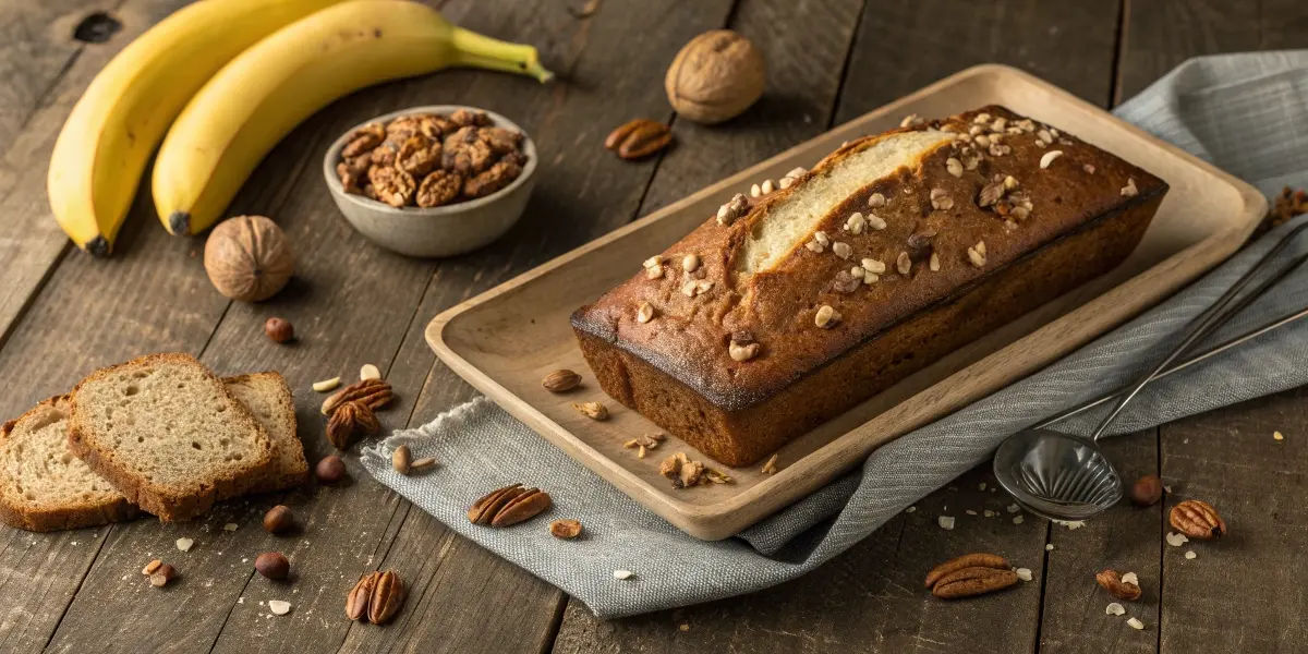 Beautifully presented banana nut bread recipre with fresh ingredients on wooden table