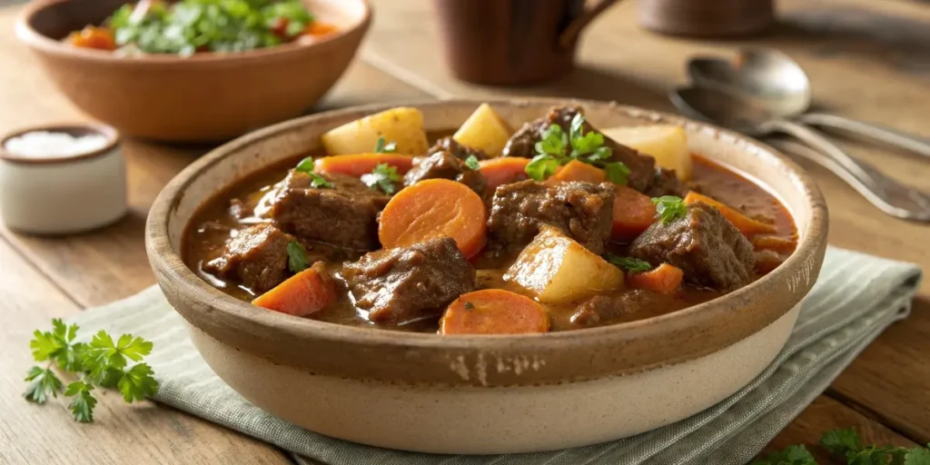 Realistic slow cooker beef stew recipe with tender meat and vegetables in rustic bowl