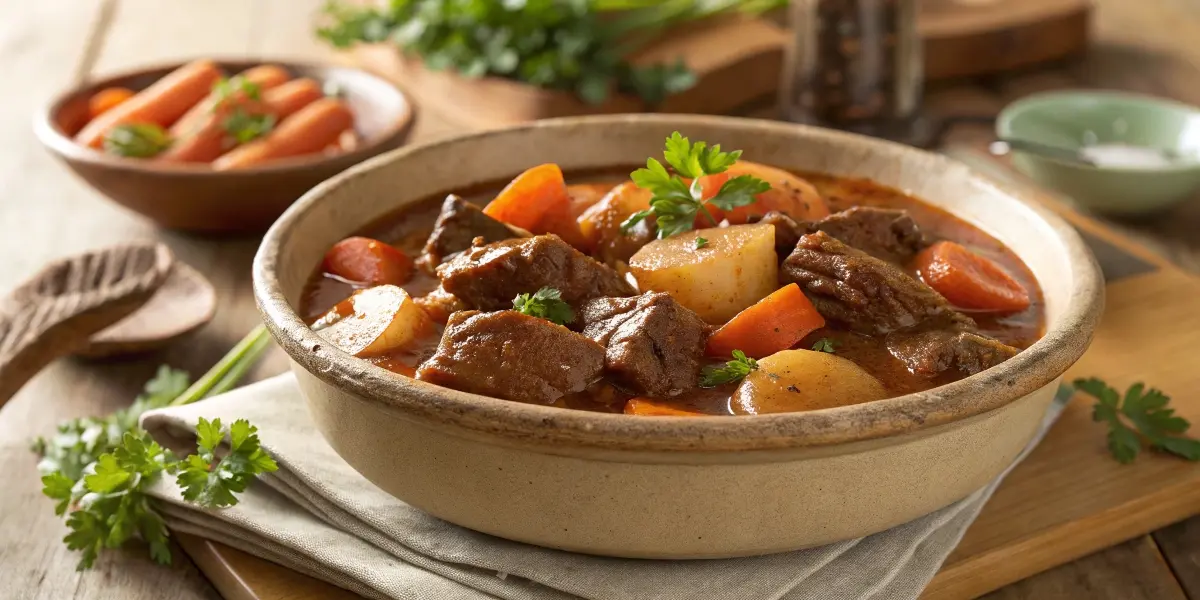 Hearty homemade slow cooker beef stew garnished with fresh parsley, cozy setting