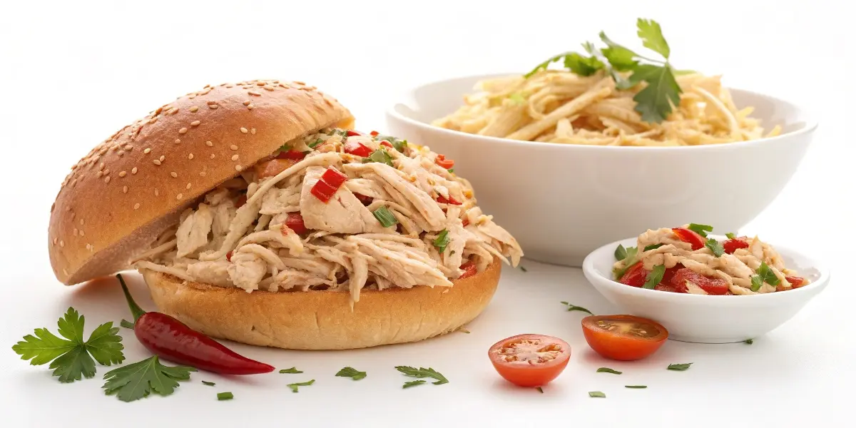 "Perfectly cooked shredded chicken recipes with amazing texture and flavor meals isolated on white background"