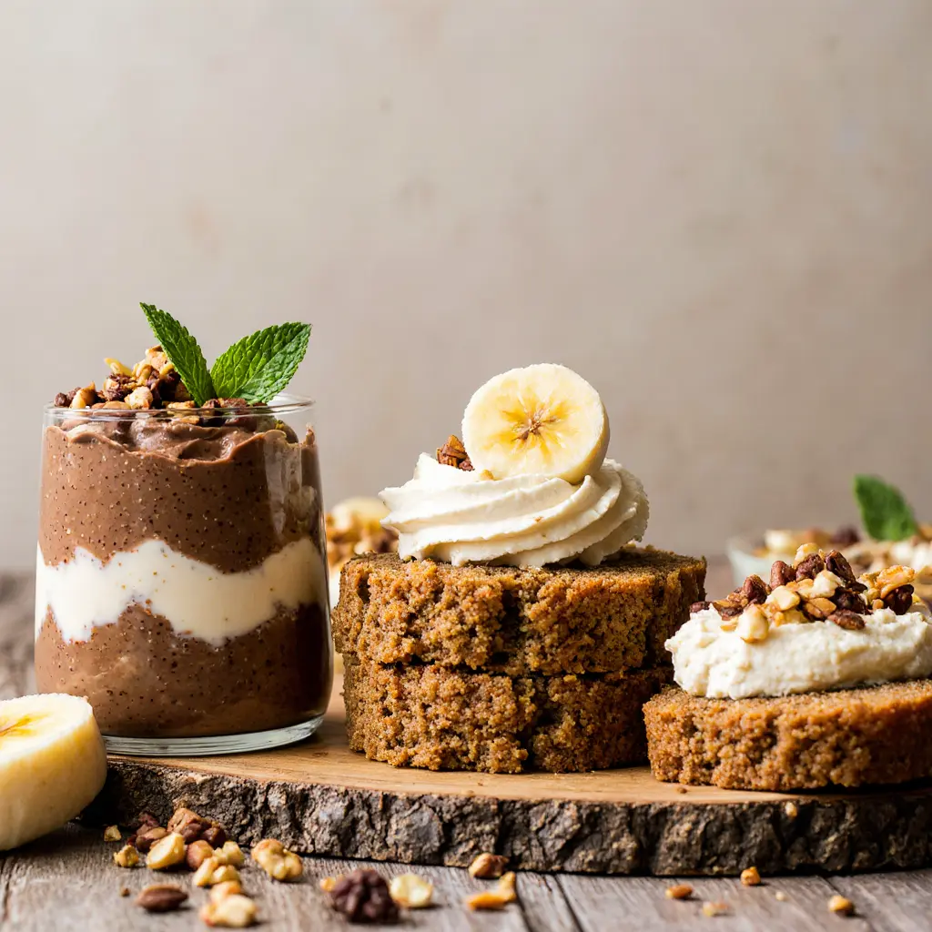 Easy and healthy desserts with chocolate mousse and banana bread