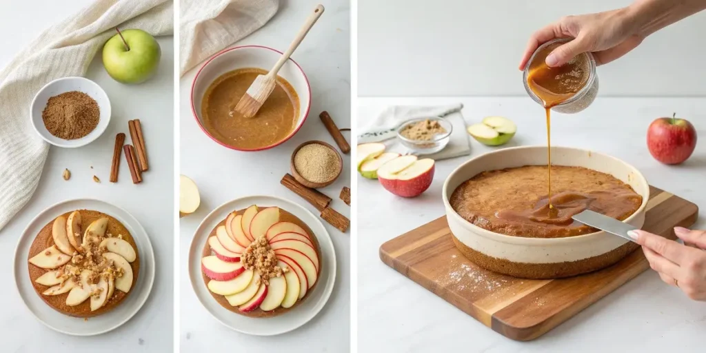 "Step-by-step preparation process for caramel apple cake recipe shown naturally"