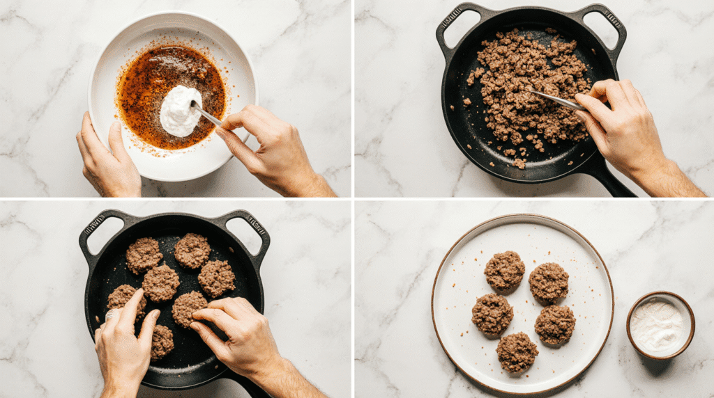 "Step-by-step preparation process for easy ground beef recipe for dinner shown naturally"