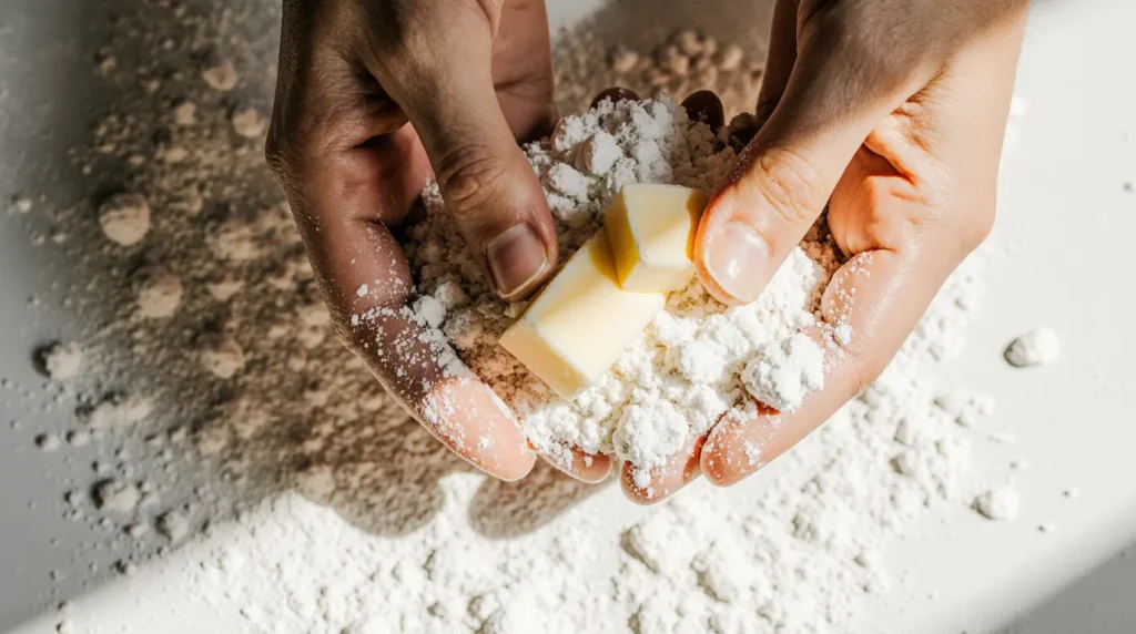 Close-up view of making crumble topping for easy apple crisp recipe no oats