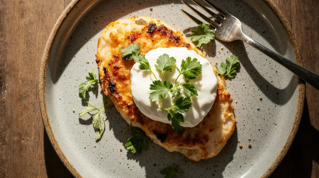 Baked Chicken Breast with Cottage Cheese 5 Baked chicken breast with cottage cheese served on a rustic plate with garnish.