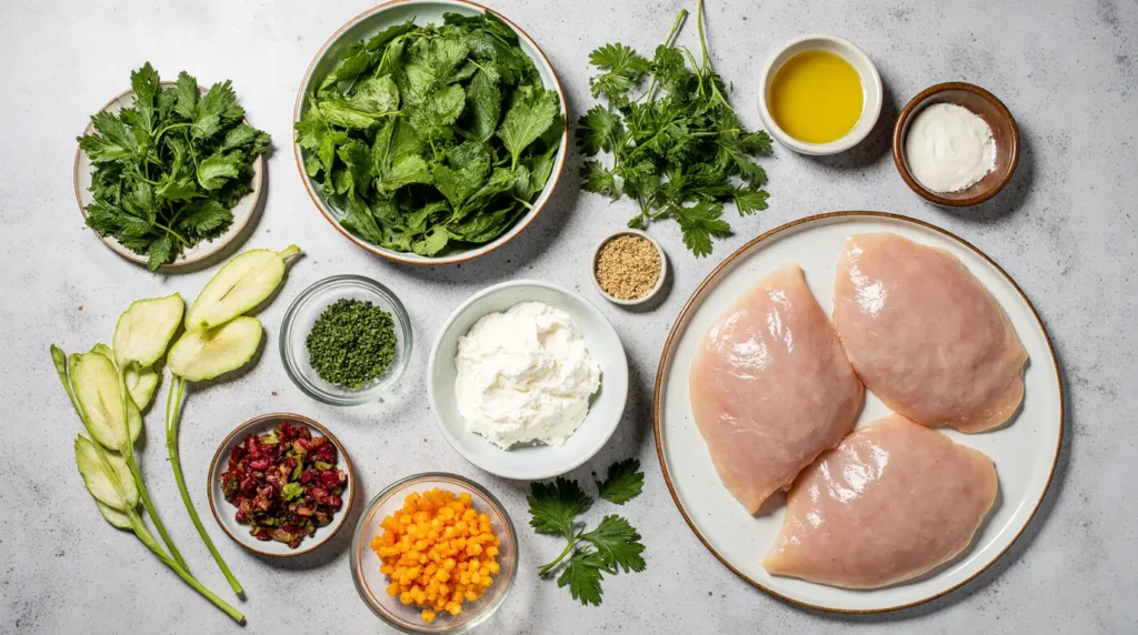 Baked Chicken Breast with Cottage Cheese 1 Flat lay of ingredients for baked chicken breast with cottage cheese recipe.