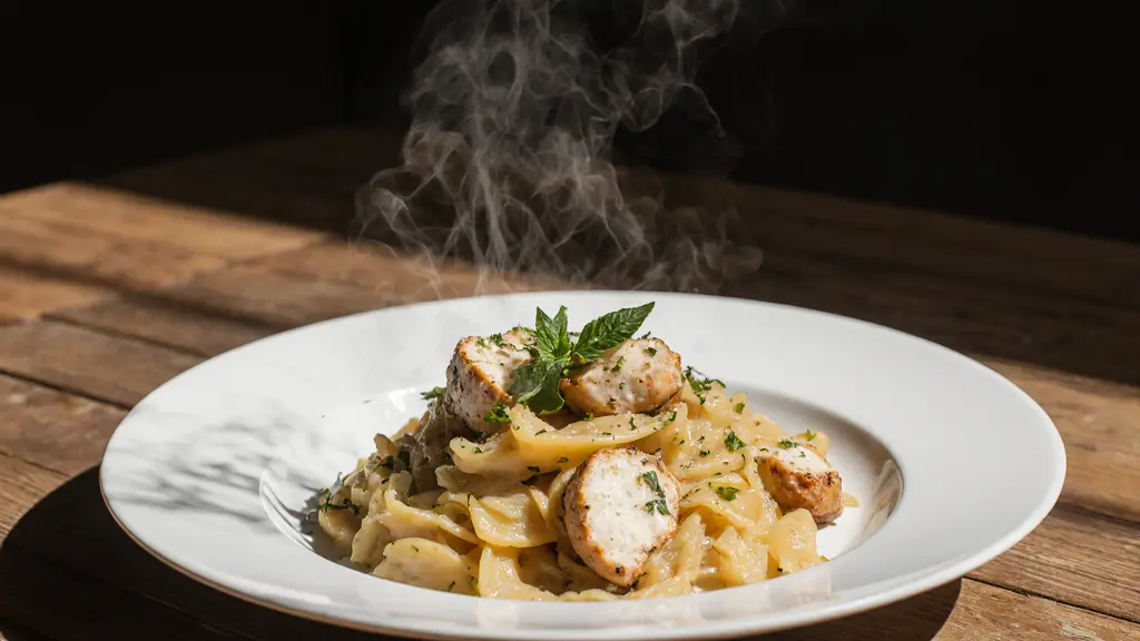 Freshly cooked baked feta pasta with chicken on white plate with creamy golden texture