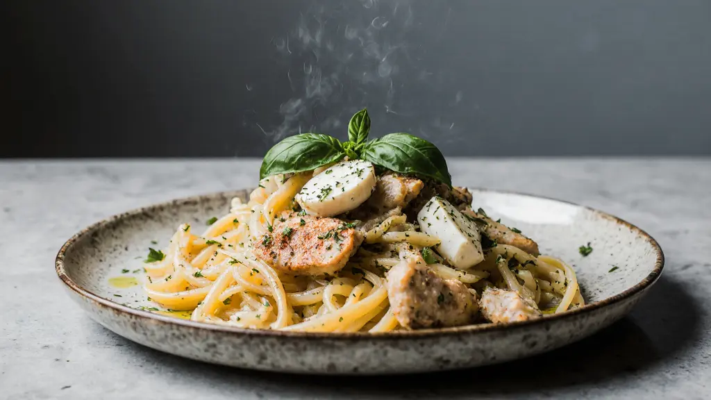 inal plated baked feta pasta with chicken recipe with natural golden texture