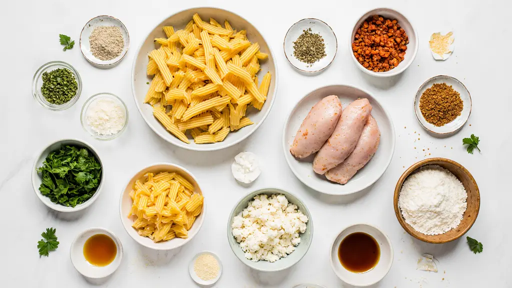 Fresh ingredients for homemade baked feta pasta with chicken recipe neatly arranged on white background