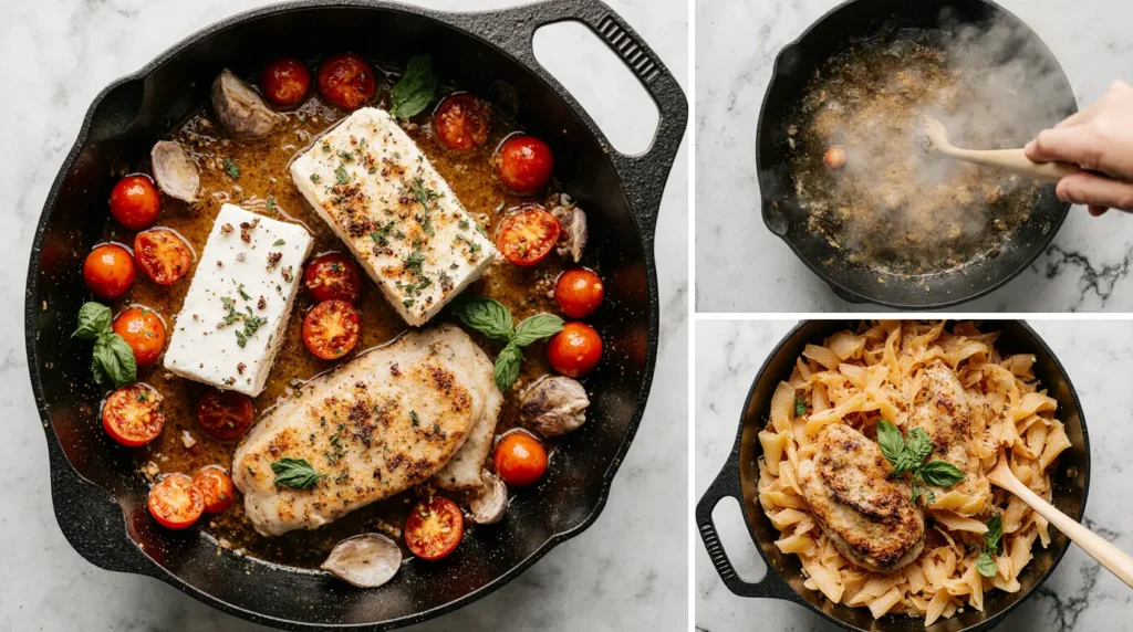 Step-by-step preparation process for baked feta pasta with chicken recipe shown naturally