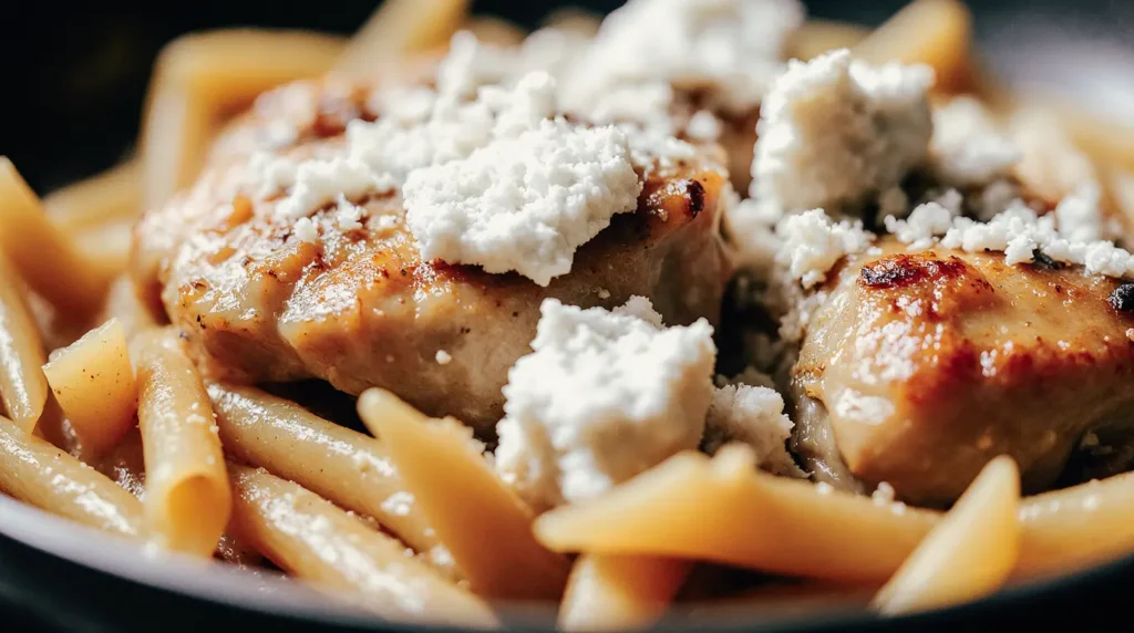Close-up view of baked feta pasta with chicken cooking technique with creamy crust forming