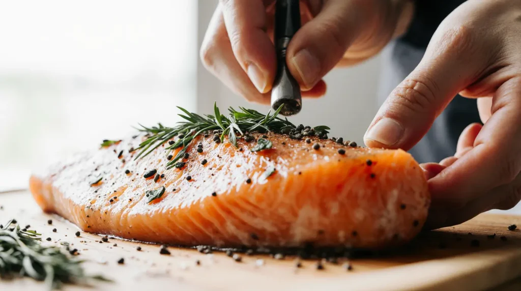 Close-up view of seasoning salmon for baked salmon with potatoes recipe