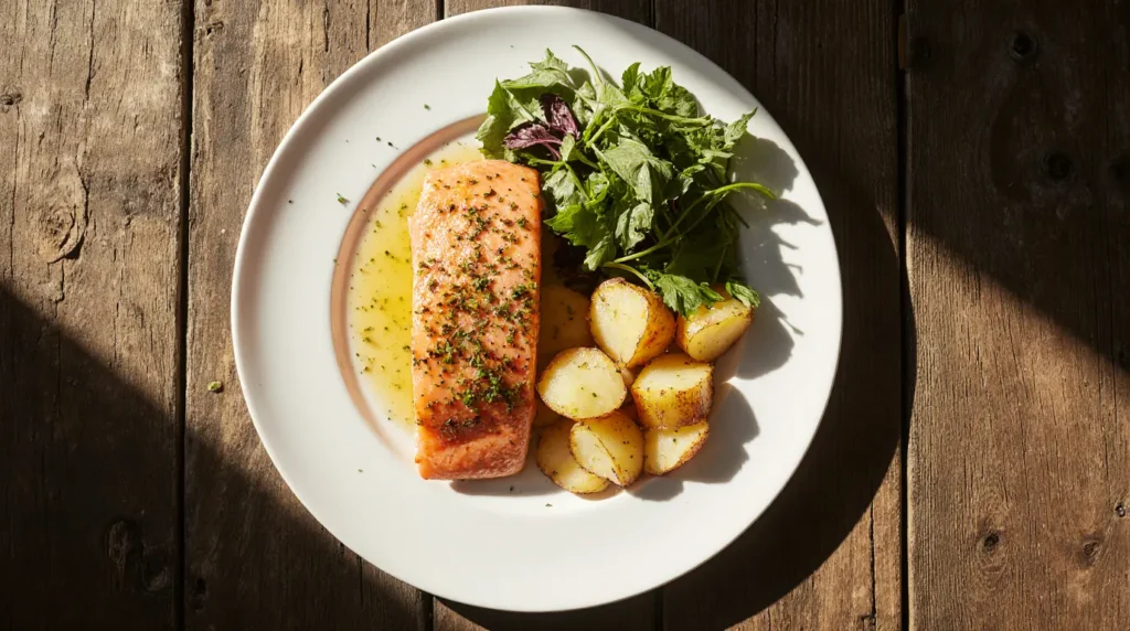 Final plated baked salmon with potatoes recipe with side salad