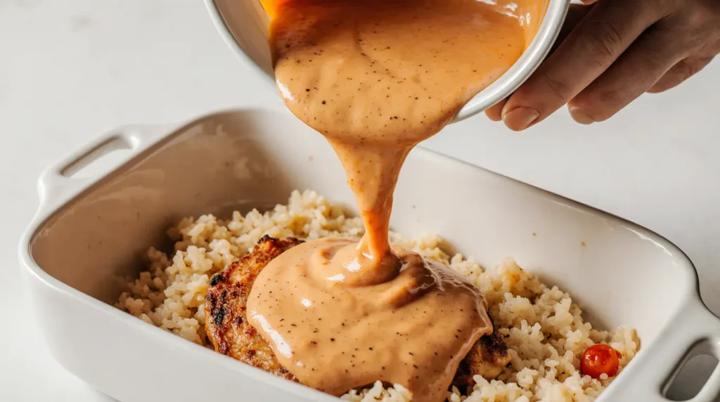 Close-up of creamy bang bang chicken casserole sauce 