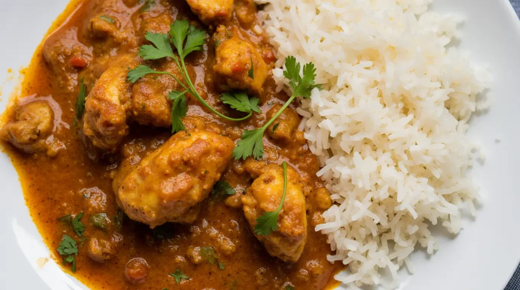 Served portion of bang bang chicken casserole with perfect rice texture