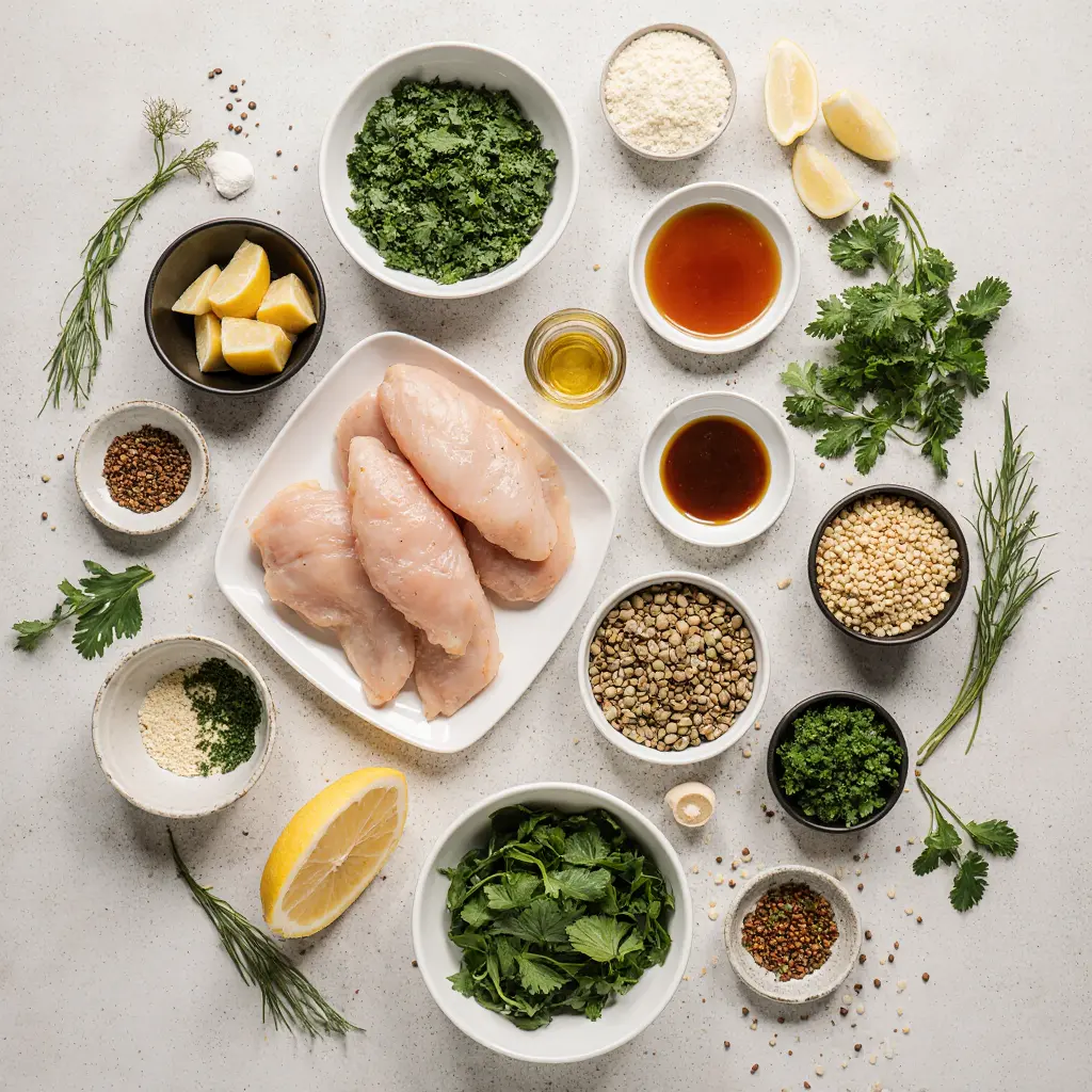 Flat lay of ingredients for the best canned chicken recipes—cans, greens, wraps, spices.