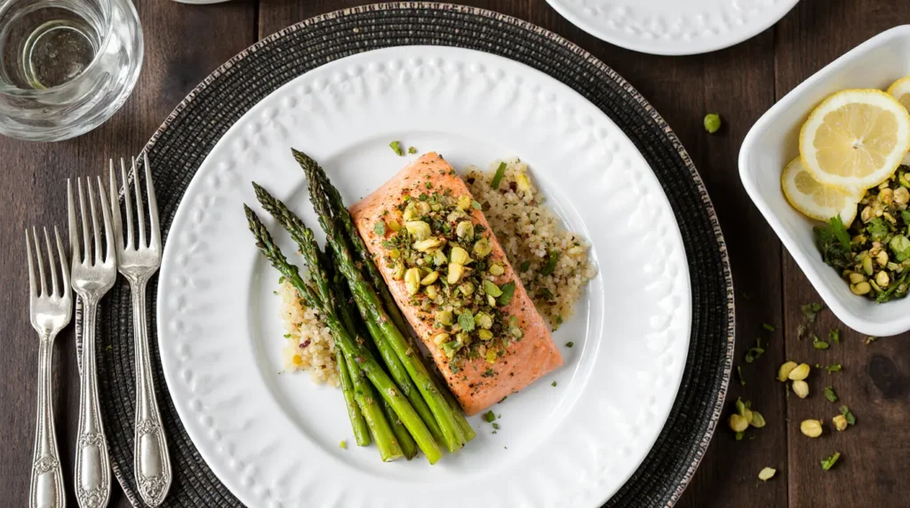 Beautifully plated best pistachio crusted salmon recipe served with asparagus and quinoa.
