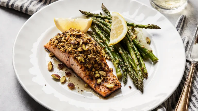 Freshly cooked best pistachio crusted salmon recipe with a golden, crispy nut crust, plated with asparagus and lemon.