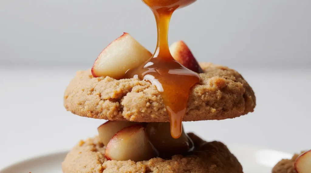 Close-up view of Caramel Apple Cookies cooking technique with golden crust forming