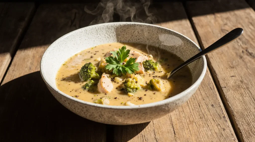 Final plated chicken cheddar broccoli soup recipe with natural golden cheese texture
