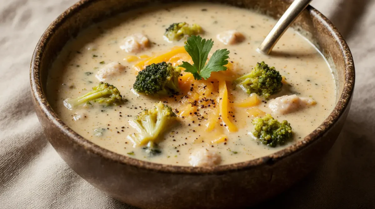Freshly cooked chicken cheddar broccoli soup with golden cheese texture on white plate