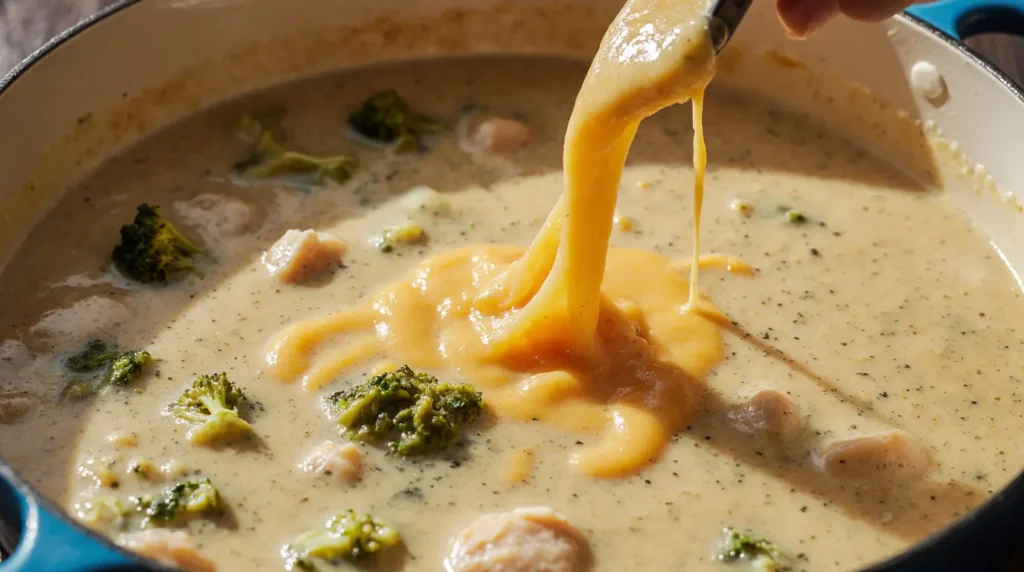 Close-up view of chicken cheddar broccoli soup cooking technique with cheese melting