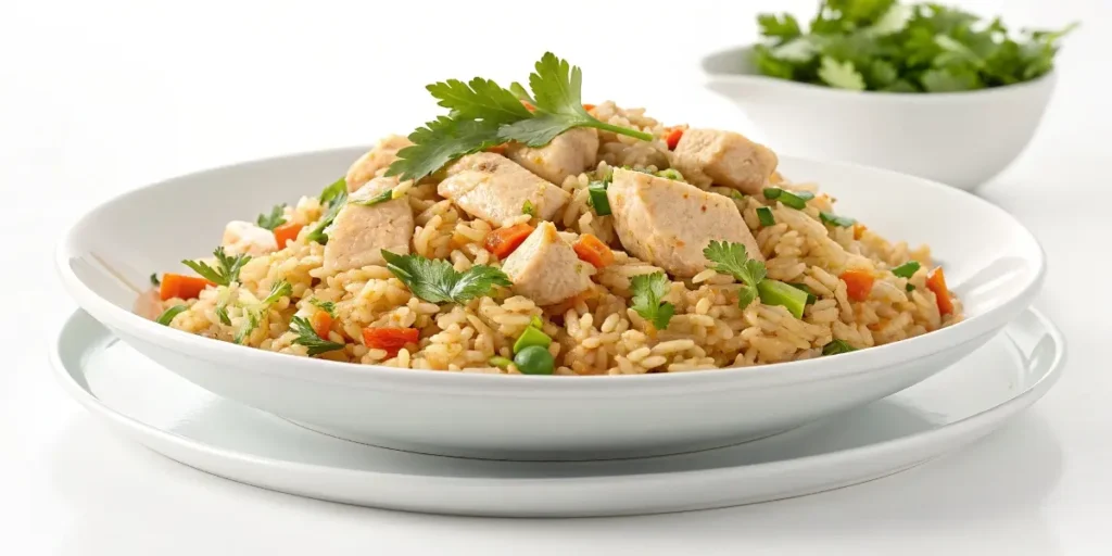 Easy Chicken Fried Rice Recipe 5 "Beautifully presented chicken fried rice recipe ready to serve and enjoy"