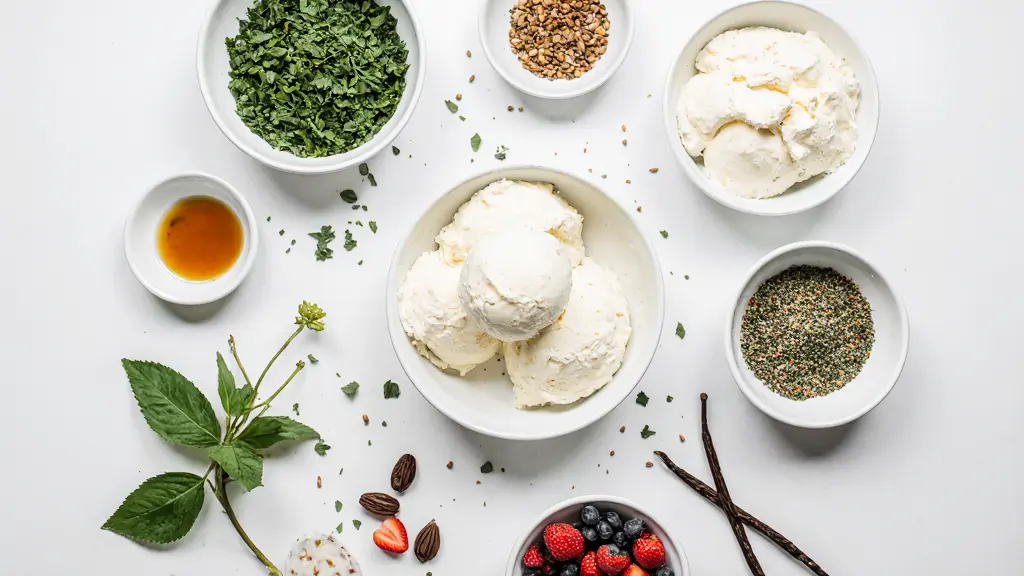 Cottage Cheese Ice Cream Keto 1 Fresh ingredients for homemade cottage cheese ice cream keto recipe neatly arranged on white background