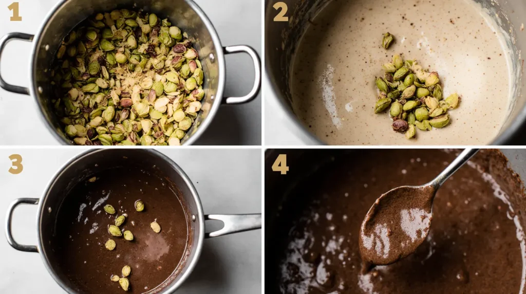 Step-by-step preparation process for Dubai Knafeh Pistachio Chocolate Bar shown naturally