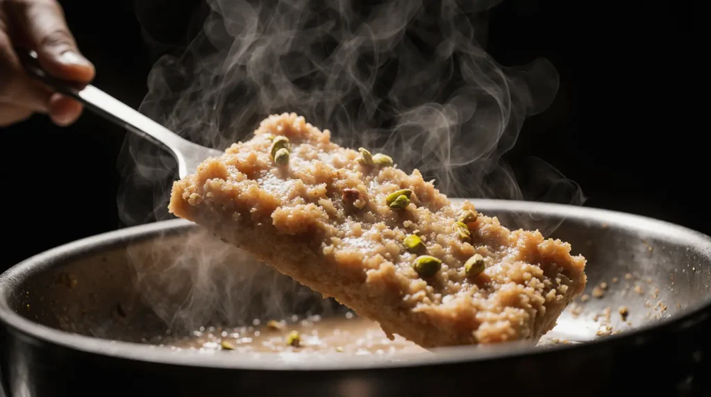 Close-up view of Dubai Knafeh Pistachio Chocolate Bar cooking technique with golden crust forming