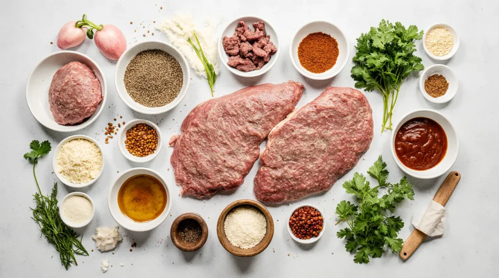 "Fresh ingredients for homemade easy ground beef recipes for dinner neatly arranged on white background"
