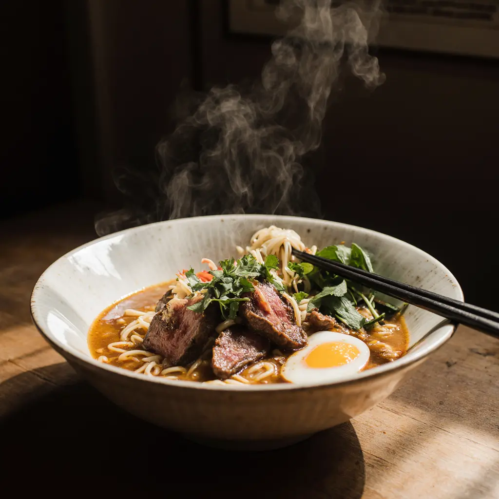 Finished Tantanmen Beef Brisket Ramen Recipe in rustic white ceramic bowl.