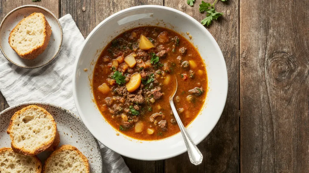 Final plated ground beef vegetable soup recipe with bread