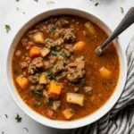 ground beef vegetable soup recipe card featured image