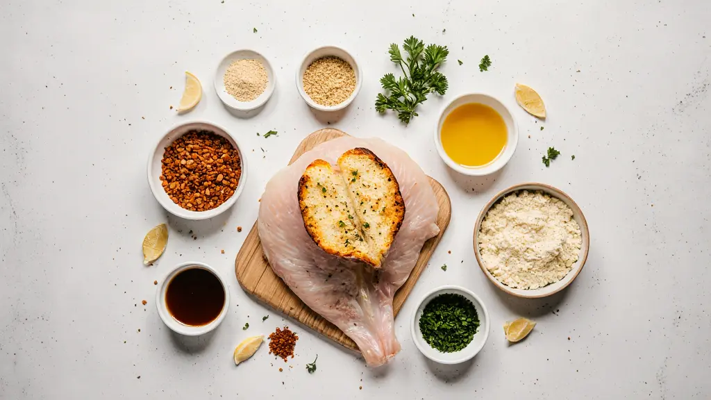 Fresh ingredients for homemade Half Toasted Frontega Chicken Recipe neatly arranged on white background