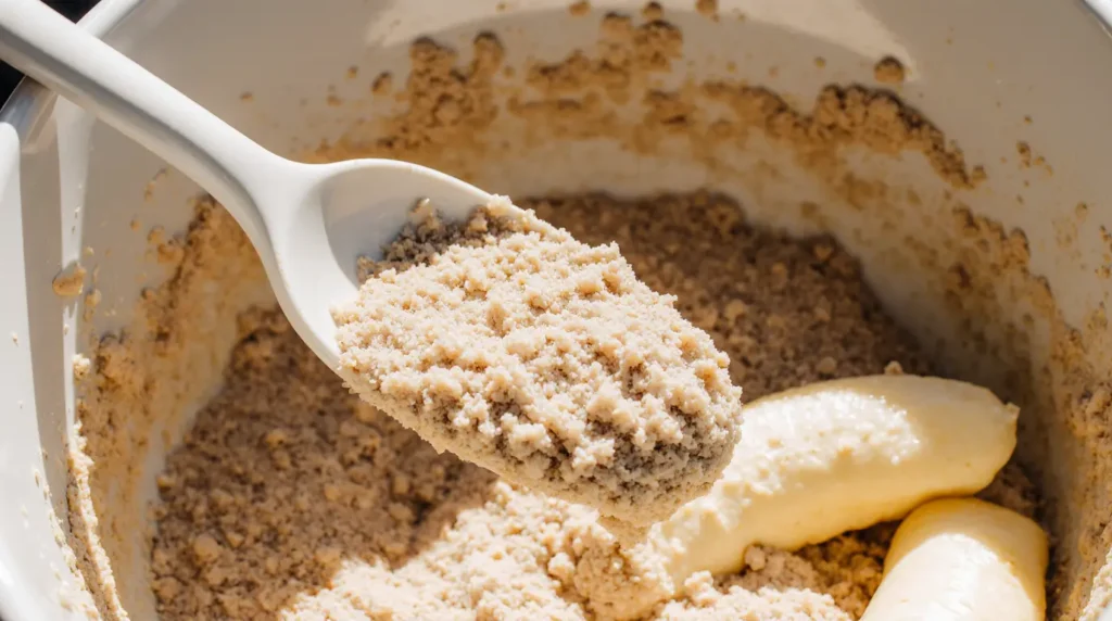 Close-up of folding technique for healthy banana bread recipe batter