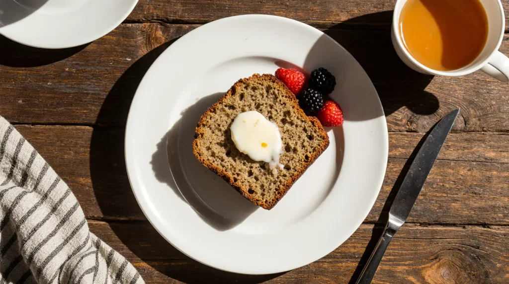 Thick slice of healthy banana bread recipe with butter and berries