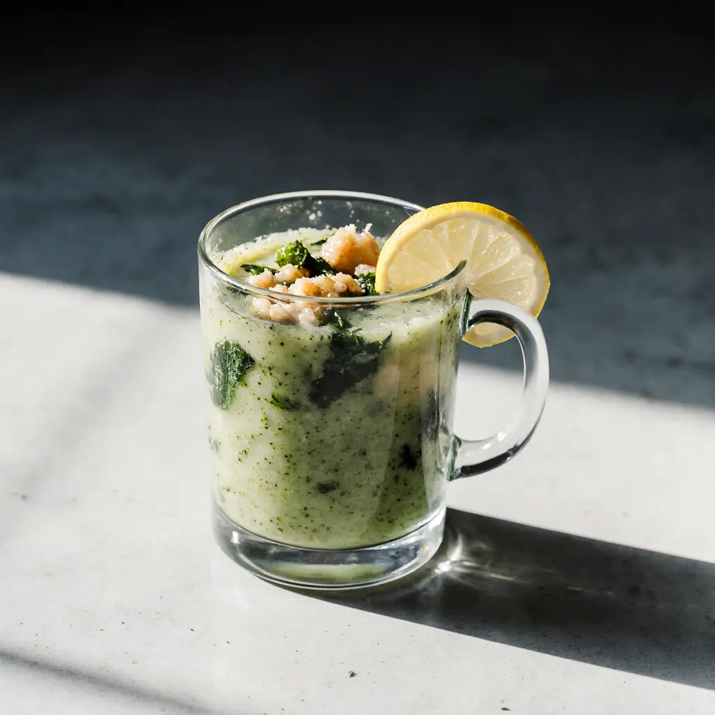 Freshly made japanese mounjaro recipe in a clear mug with fresh ingredients.