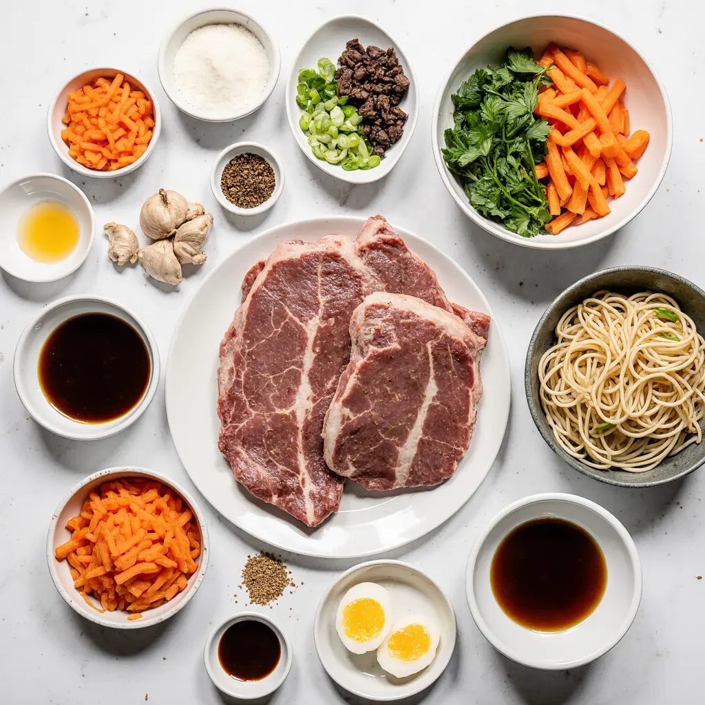 Ingredients for Beef Brisket Ramen Recipe flat lay.