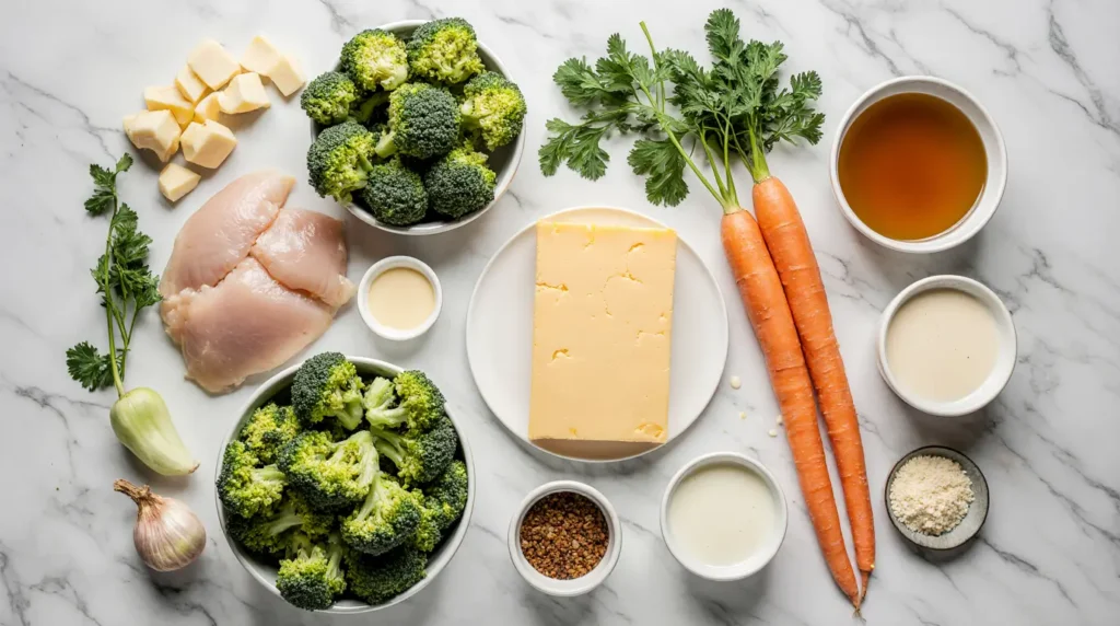 Fresh ingredients for homemade chicken cheddar broccoli soup recipe neatly arranged on white background