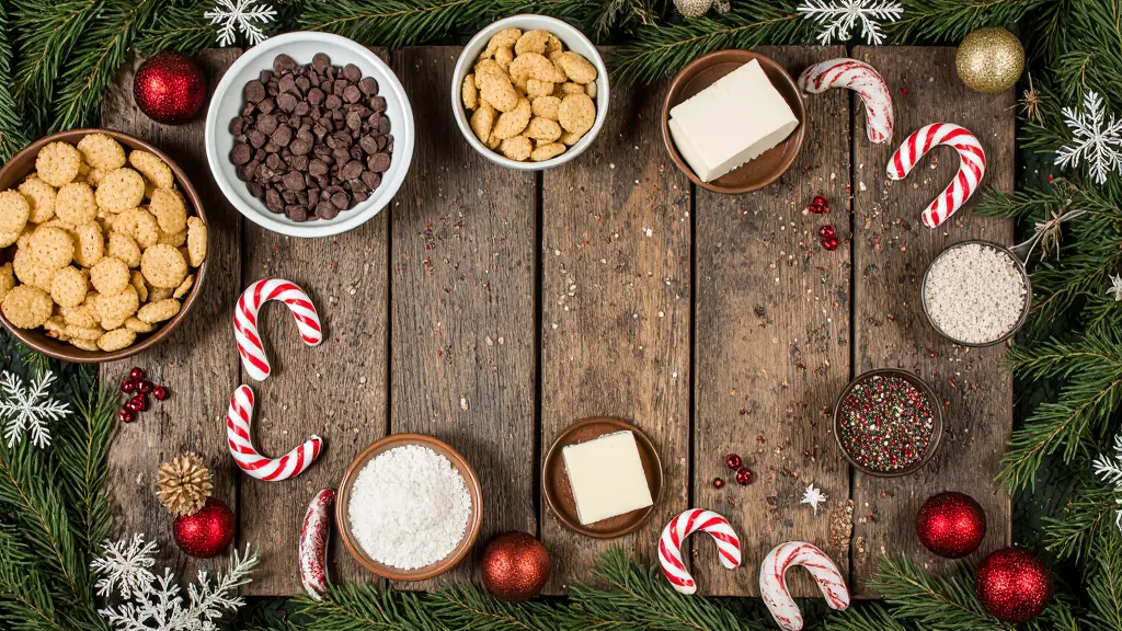 Christmas Crack Recipe 1 Fresh ingredients for homemade Christmas Crack Recipe neatly arranged on wooden board