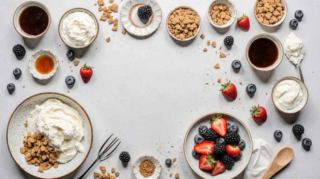 Cottage Cheese Cheesecake Recipe No Bake 1 Fresh ingredients for homemade cottage cheese cheesecake recipe no bake recipe neatly arranged on white background