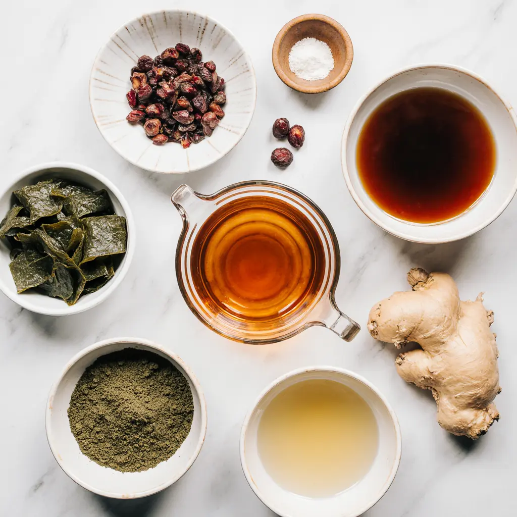 Flat lay of core japanese mounjaro recipe ingredients: kombu, umeboshi, matcha, ginger, and apple cider vinegar.