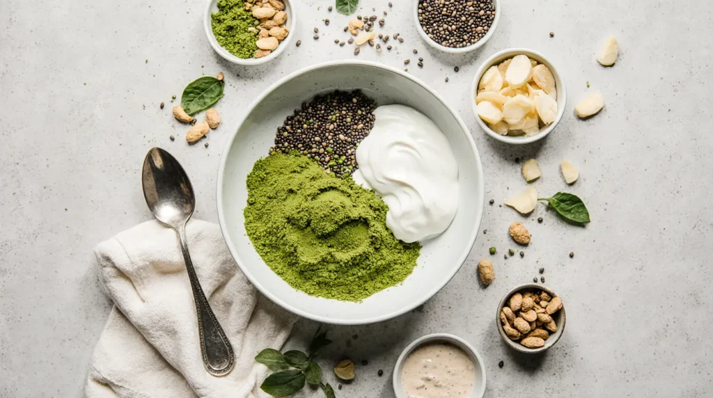 Fresh ingredients for matcha chia pudding with yogurt including chia seeds, matcha, and yogurt
