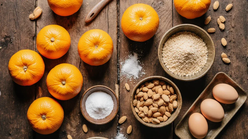 Simple ingredients for homemade orange and almond cake recipe