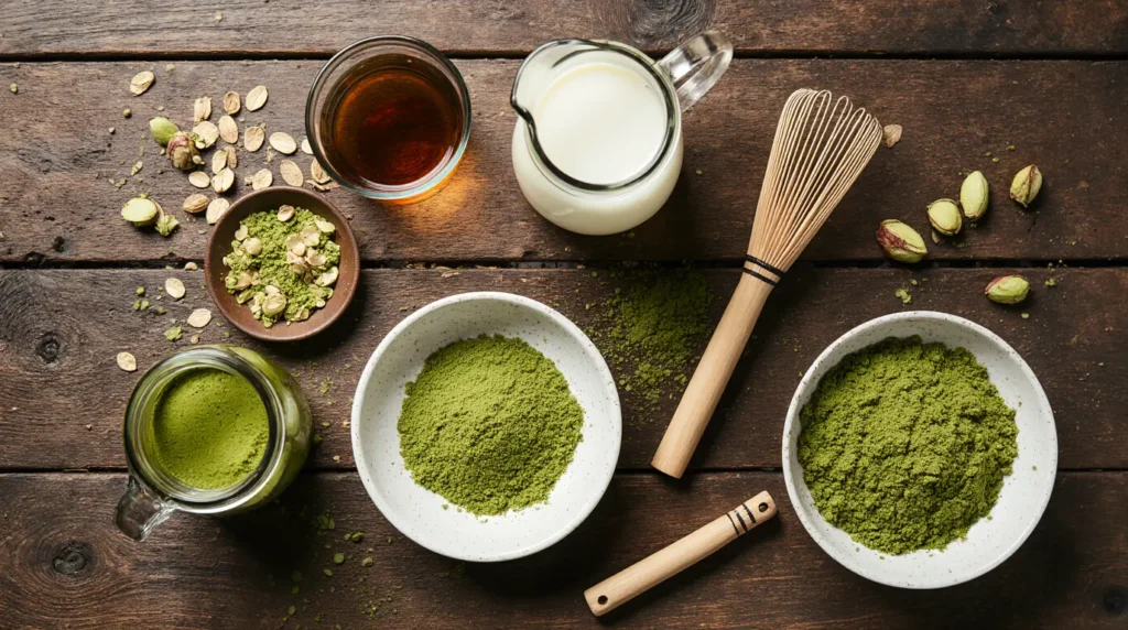 Ingredients for homemade pistachio matcha latte