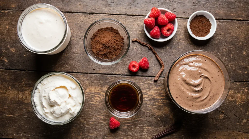 Fresh ingredients for homemade protein chocolate mousse recipe