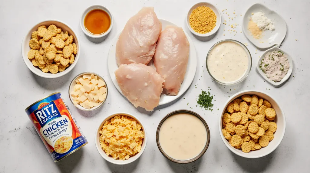 Fresh ingredients for homemade Ritz Cracker Chicken Casserole recipe neatly arranged on white background